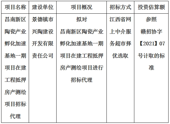 昌南新區陶瓷產業孵化加速基地一期項目在建工程抵押房產測繪項目招標代理計劃公告